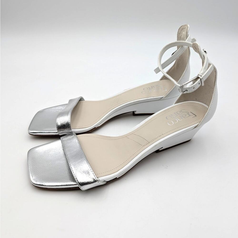 Franco Sarto Sadie Wedge Sandals Women's White/Silver Metallic Size US8M EU38.5